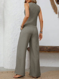 Thumbnail for V-Neck Button Down Vest and Wide Leg Pants Set