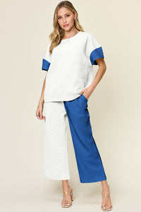 Thumbnail for Double Take Full Size Texture Contrast T-Shirt and Wide Leg Pants Set