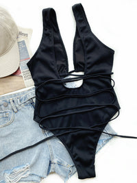 Thumbnail for Ribbed Lace Up One-Piece Swimsuit