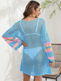 Thumbnail for Openwork Contrast Long Sleeve Cover-Up