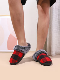 Thumbnail for Plaid Furry Round Toe Flat Slippers