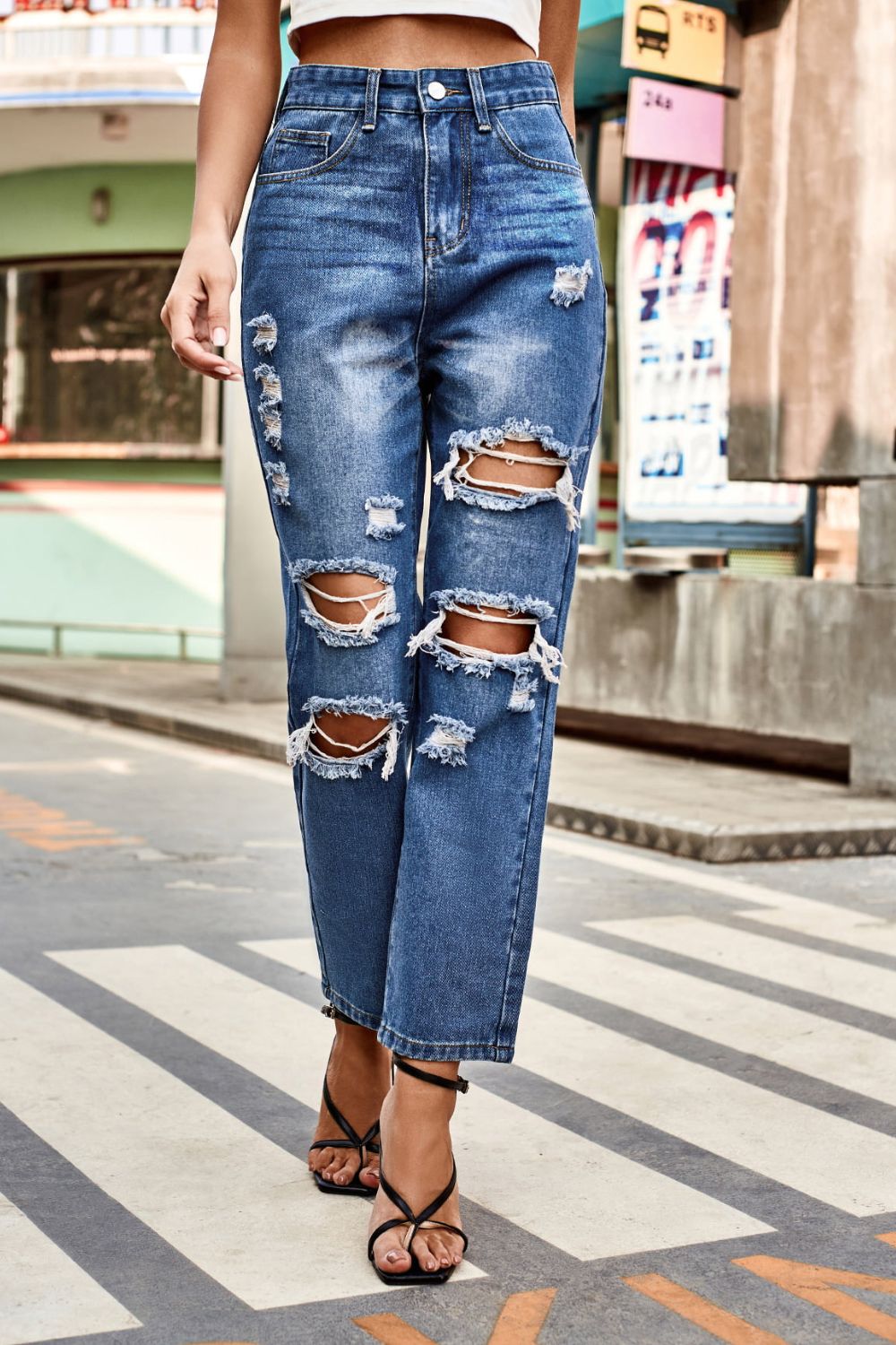 Distressed High Waist Straight Jeans