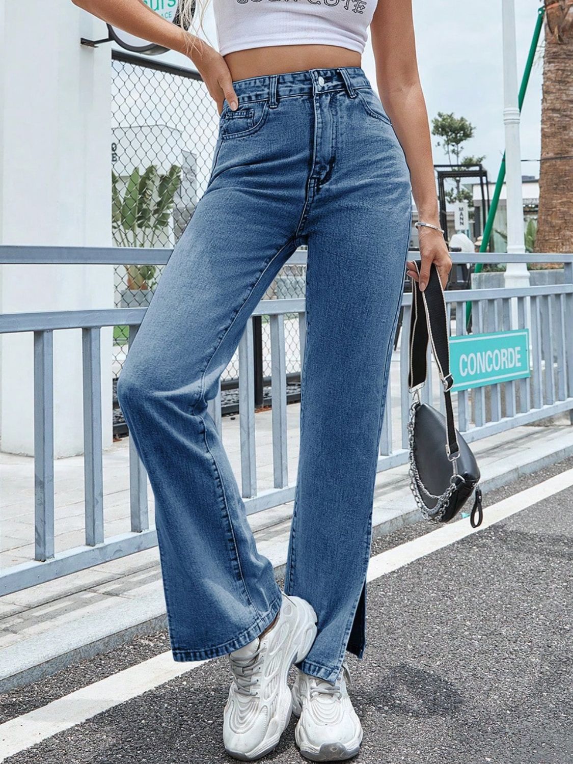 Slit High Waist Jeans with Pockets