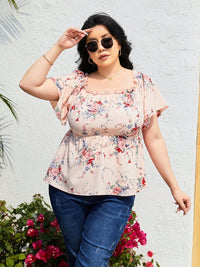 Thumbnail for Plus Size Frill Printed Flutter Sleeve Blouse