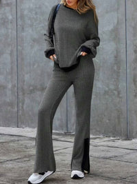 Thumbnail for Contrast Round Neck Long Sleeve Top and Bootcut Pants Set