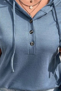 Thumbnail for Plus Size Waffle-Knit Half Button Short Sleeve Hoodie