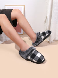 Thumbnail for Plaid Furry Round Toe Flat Slippers