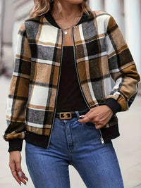 Thumbnail for Plus Size Plaid Baseball Collar Zip Up Jacket