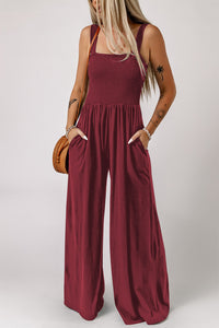 Thumbnail for Smocked Square Neck Wide Leg Jumpsuit with Pockets