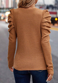 Thumbnail for Decorative Button Round Neck Puff Sleeve Blouse