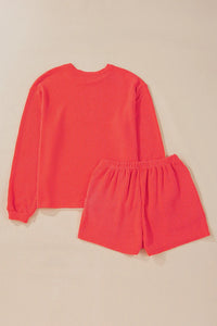 Thumbnail for Round Neck Long Sleeve Top and Shorts Set