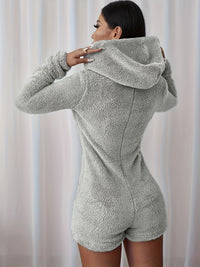 Thumbnail for Furry Half Zip Long Sleeve Hooded Bodysuit