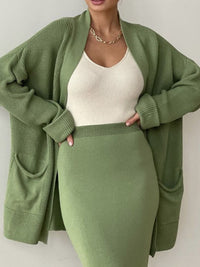 Thumbnail for Pocketed Long Sleeve Cardigan and Skirt Sweater Set