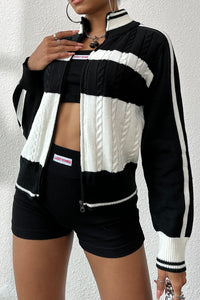 Thumbnail for Cable-Knit Color Block Raglan Sleeve Cardigan