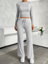 Thumbnail for Round Neck Long Sleeve Top and Drawstring Pants Set