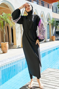 Thumbnail for Cap, Drawstring Printed Long Sleeve Dress and Pants Swim Set