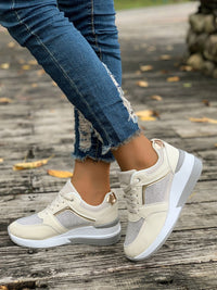 Thumbnail for Lace-Up Rhinestone Wedge Sneakers