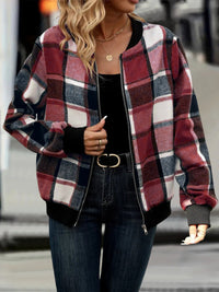 Thumbnail for Plus Size Plaid Baseball Collar Zip Up Jacket