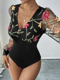 Thumbnail for Perfee Embroidered V-Neck Long Sleeve Bodysuit