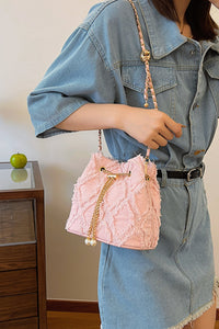 Thumbnail for Chain Drawstring Raw Edge Denim Bucket Bag