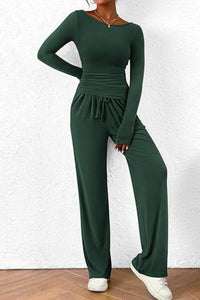 Thumbnail for Round Neck Long Sleeve Top and Pants Set