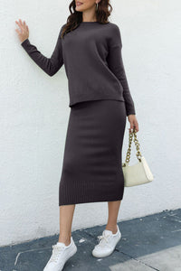 Thumbnail for Round Neck Dropped Shoulder Top and Skirt Sweater Set