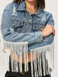 Thumbnail for Distressed Fringe Collared Neck Cropped Denim Top