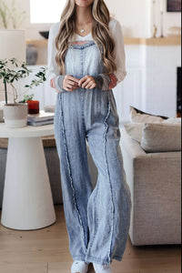 Thumbnail for Frayed Exposed Seam Wide Leg Denim Overalls