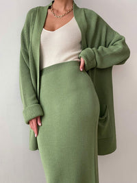 Thumbnail for Pocketed Long Sleeve Cardigan and Skirt Sweater Set