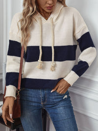 Thumbnail for Drawstring Contrast Stripe Dropped Shoulder Hooded Sweater