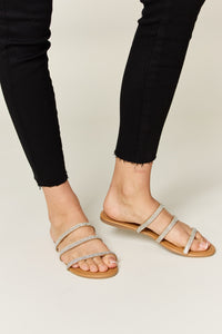 Thumbnail for WILD DIVA Rhinestone Three-Strap Flat Sandals