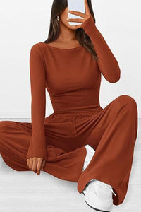 Thumbnail for Round Neck Long Sleeve Top and Pants Set