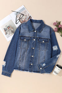 Thumbnail for Plus Size Distressed Button Up Raw Hem Denim Jacket