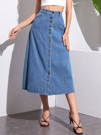 Thumbnail for Buttoned Midi Denim Skirt with Pockets