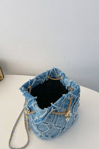 Thumbnail for Chain Drawstring Raw Edge Denim Bucket Bag