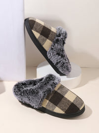 Thumbnail for Plaid Furry Round Toe Flat Slippers