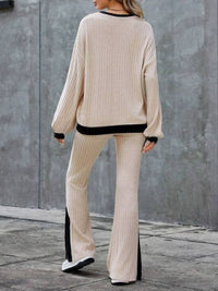 Thumbnail for Contrast Round Neck Long Sleeve Top and Bootcut Pants Set