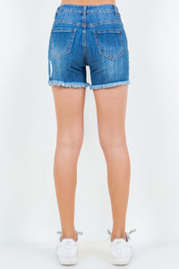 Thumbnail for American Bazi High Waist Distressed Frayed Denim Shorts