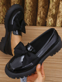 Thumbnail for Bow PU Leather Round Toe Loafers