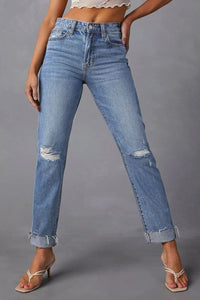 Thumbnail for Distressed Raw Hem Straight Jeans with Pockets