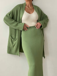 Thumbnail for Pocketed Long Sleeve Cardigan and Skirt Sweater Set