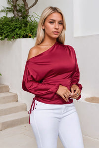 Thumbnail for Drawstring One Shoulder Long Sleeve Blouse