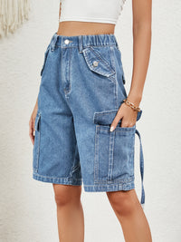 Thumbnail for Buttoned Elastic Waist Denim Shorts with Pockets