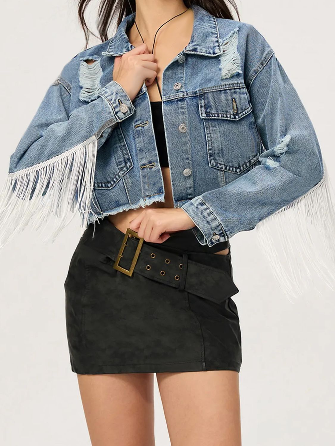 Distressed Fringe Collared Neck Cropped Denim Top