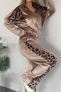 Thumbnail for Full Size Collared Neck Leopard Zip Up Top and Pants Set Plus Size