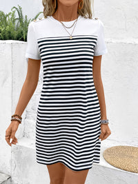 Thumbnail for Striped Round Neck Short Sleeve Mini Tee Dress