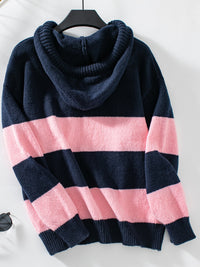 Thumbnail for Drawstring Contrast Stripe Dropped Shoulder Hooded Sweater