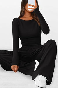 Thumbnail for Round Neck Long Sleeve Top and Pants Set