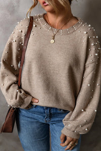 Thumbnail for Plus Size Pearl Detail Round Neck Long Sleeve Sweater