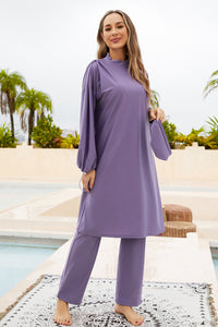 Thumbnail for Cap, Drawstring Mock Neck Long Sleeve Top and Pants Swim Set